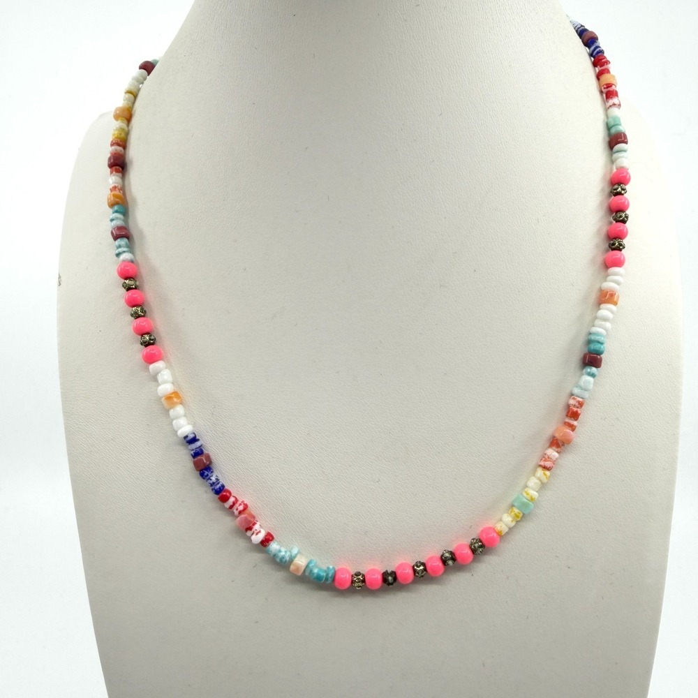 Rainbow Seed Bead Necklace Neon Pink Boho Layering Statement Jewelry